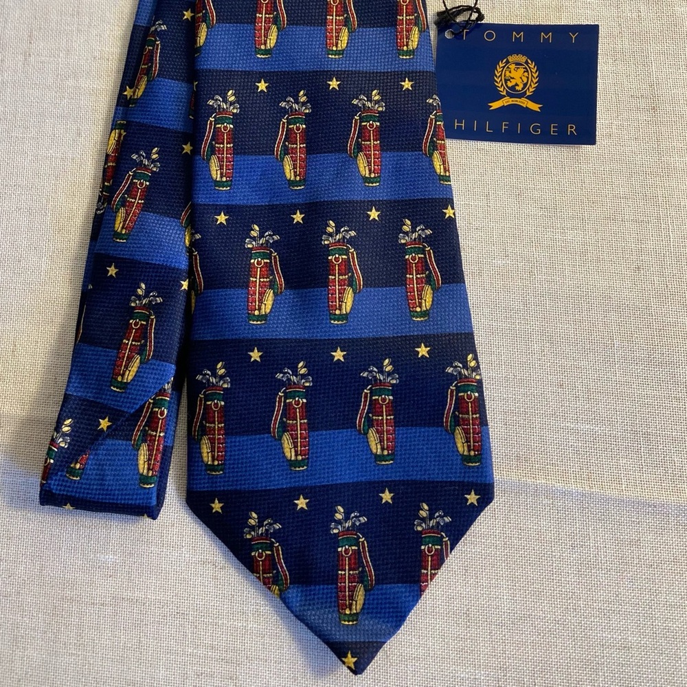 Tommy Hilfiger Silk Tie Blue Stripe stars Golf Clubs graphic 90s Vintage